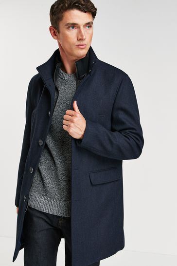 Charcoal Grey Wool Blend Mock Gilet Herringbone Padded Coat