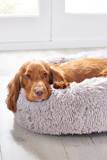 Grey Round Faux Fur Pet Bed