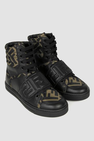 Kids Black/Brown Leather Logo Trainers