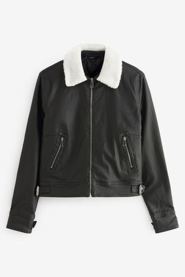 Buy Black Coated Borg Collar Biker Jacket from Next Lithuania
