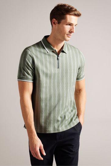 Ted Baker Green Regular Icken Cable Jacquard Zip Polo Shirt