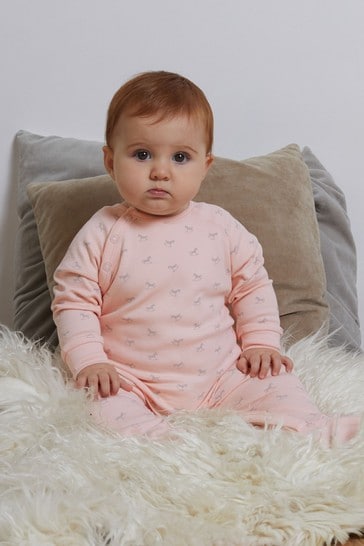 The Little Tailor Pink Jersey Print Rocking Horse Sleepsuit