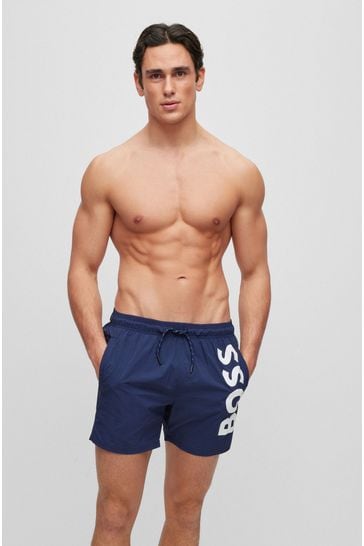 BOSS Dark Blue Vertical-Logo-Print Swim Shorts In Quick-Dry Poplin