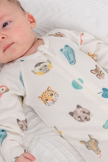 Purebaby Cream Animal Character Print Zip Baby Sleepsuit