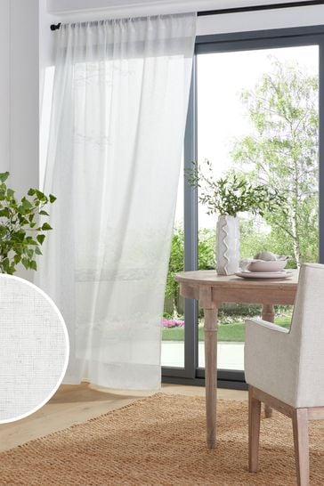 White Linen Look Slot Top Voile Unlined Sheer Panel Curtain