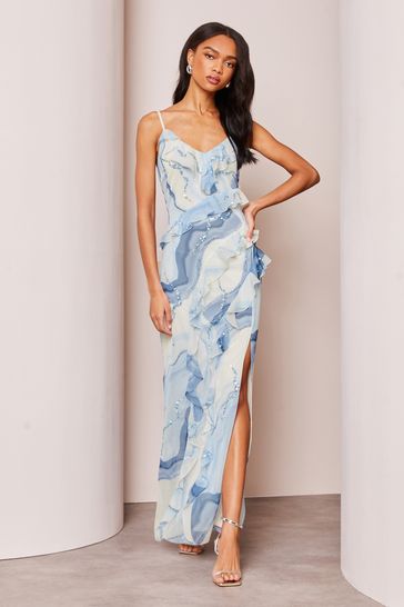 Lipsy Blue Print Sequin Ruffle Cami Maxi Dress
