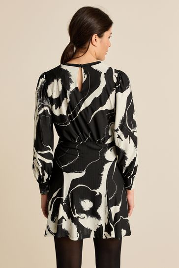 Black White Mono Floral Long Sleeve Mini Dress