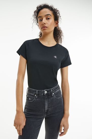 Calvin Klein Black Jeans Womens Slim Fit Embroidered T-Shirt