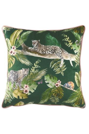 Evans Lichfield Green Jungle Leopard Velvet Polyester Filled Cushion