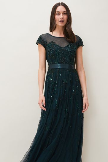Phase Eight Green Renee Beaded Tulle Dress