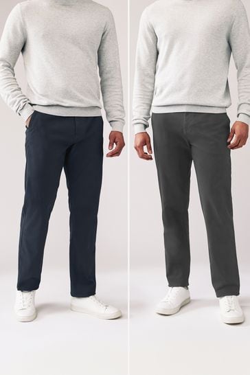Navy Blue/Charcoal Grey Straight Stretch Chinos Trousers 2 Pack