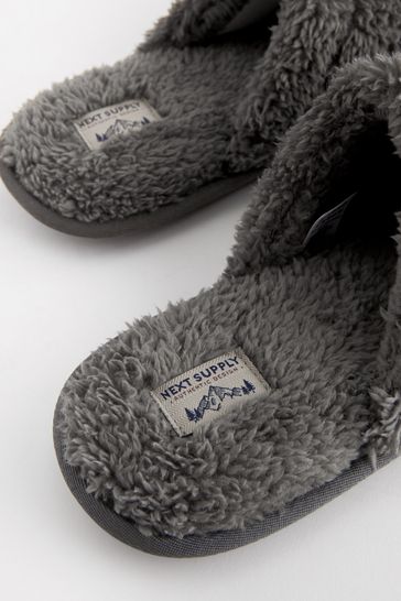 Grey fluffy mule slippers shop