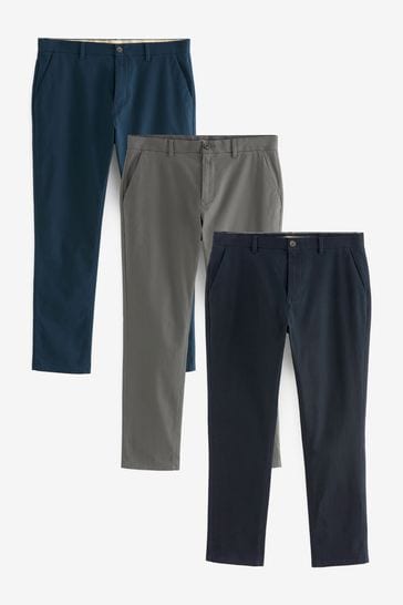 Black/Grey/Navy Blue Slim Stretch Chinos Trousers 3 Pack