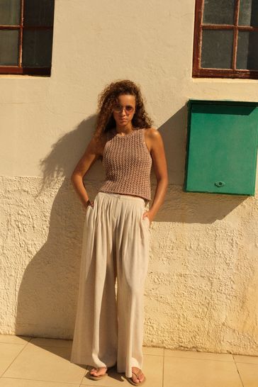 Natural Superwide Pleated Trousers With Linen