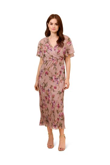 Adrianna Papell Pink Floral Metallic Crinkle Dress