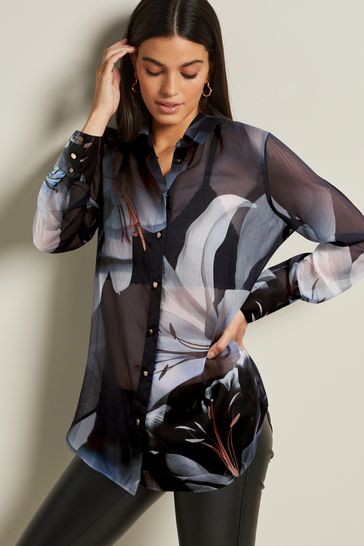 Navy Blue Lily Placement Print Gold Button Detail Sheer Long Sleeve Shirt