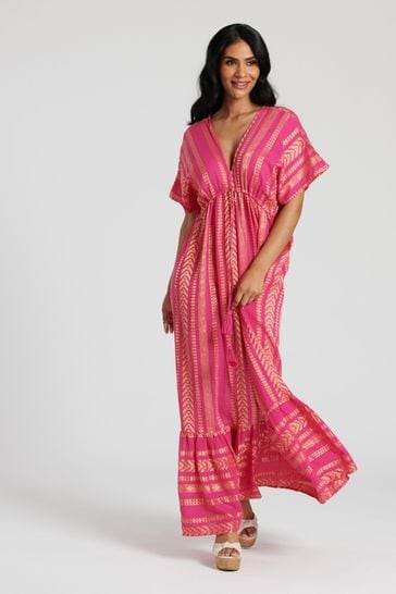 South Beach Pink Metallic Jacquard V-Neck Maxi Dress