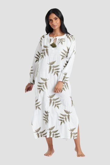 South Beach Natural Long Sleeve Tie Neck Beach Dress With Leaf Embroidery
