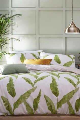 furn. Natural/Green Plantain Botanical Leaves Reversible Duvet Cover and Pillowcase Set