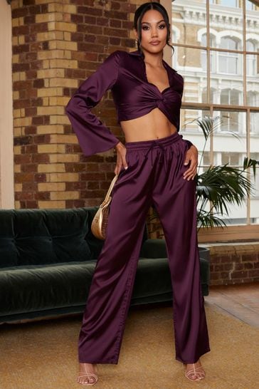 Chi Chi London Purple Elasticated Waist Wide Leg Plisse Trousers