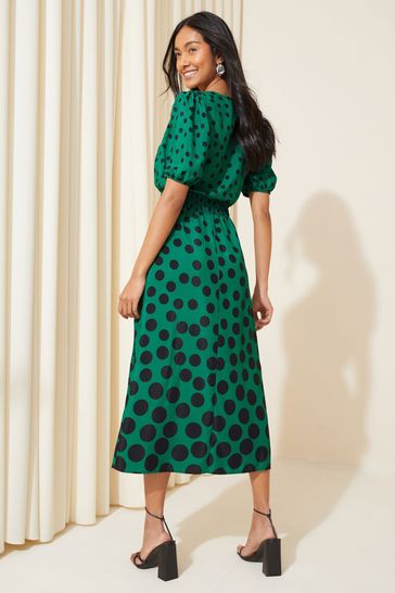 Buy Friends Like These Green Polka Dot Petite Puff Sleeve Ruched Waist V Neck Midi Summer Dress from Next Denmark