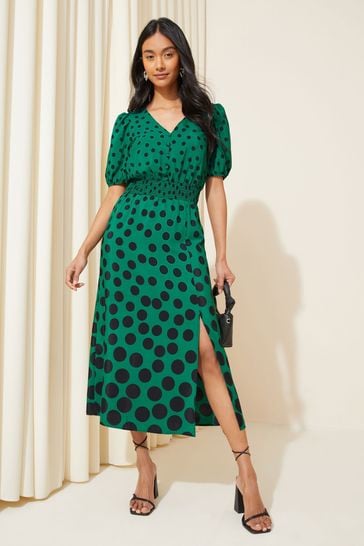 Buy Friends Like These Green Puff Sleeve Ruched Waist V Neck Midi