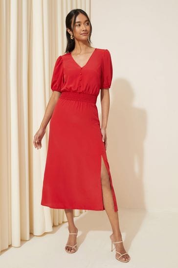 Friends Like These Bright Red Puff Sleeve Ruched Waist V Neck Midi Summer Dress