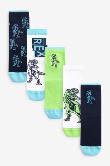 Blue/Green Fluro Dinosaurs Cotton Rich Socks 5 Pack
