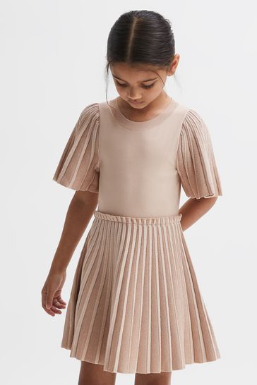 Reiss Pink Rosalie Junior Pleated Metallic Short Sleeve Dress
