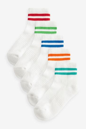 White Bright Stripe Cotton Rich Sport Stripe Trainers Socks 5 Pack