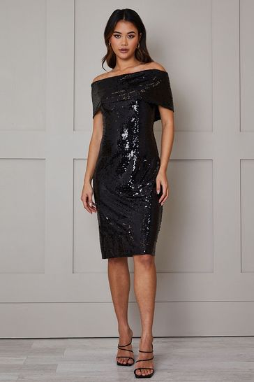 Chi Chi London Black Bardot Sequin Bodycon Midi Dress