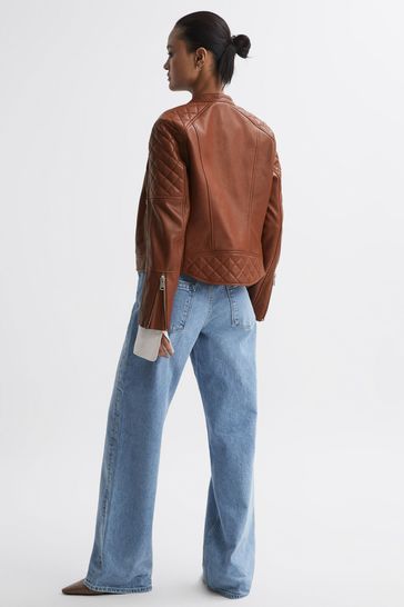 Buy Reiss Tan Adelaide Leather Collarless Quilted Jacket from Next Italy