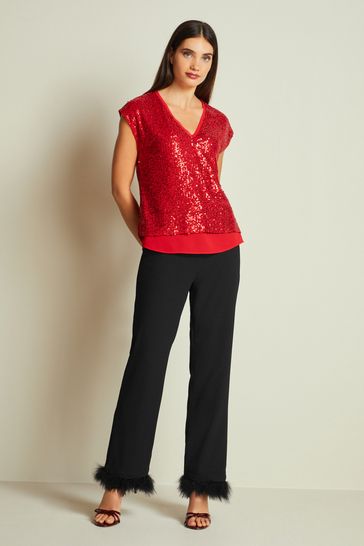 Red Short Sleeve V Neck Sequin Top