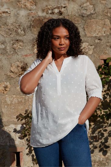 Buy Live Unlimited Curve Dobby Cotton Short Sleeve White Blouse