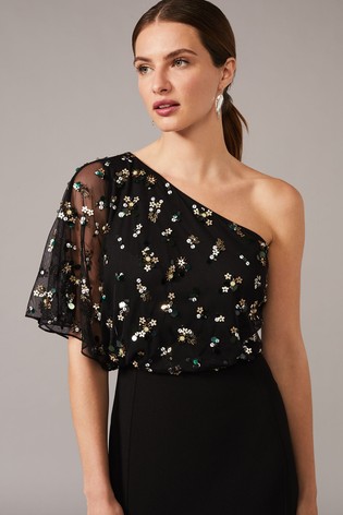 Phase Eight Black Adele Sequinned One Shoulder Dress
