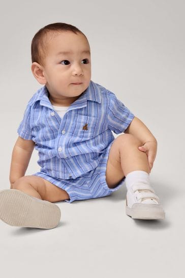 Gap Blue Stripe Crinkle Cotton Brannan Bear Shirt and Shorts Set  (Newborn-24mths)