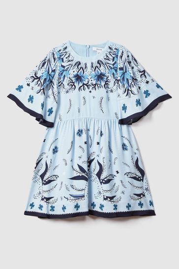 Reiss Blue Ania Teen Printed Flared Sleeve Dress