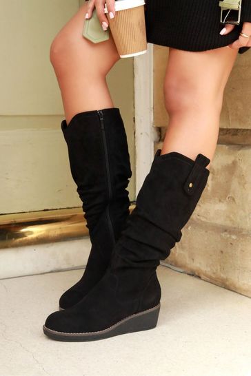 Linzi Black Shania High Leg Wedge Boots