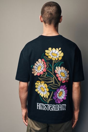 Black Flower Embroidery Relaxed Fit Floral Nature Graphic T-Shirt