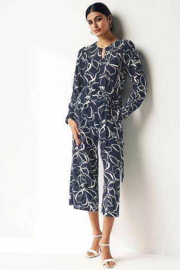 Navy Blue Swirl Print Long Sleeve Belted Jumpsuit