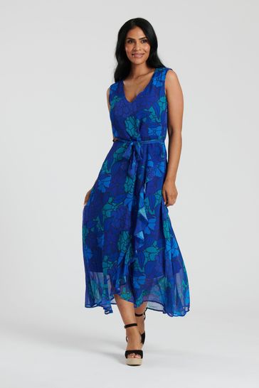 South Beach Blue Chiffon V Neck Frill Wrap Midi Dress