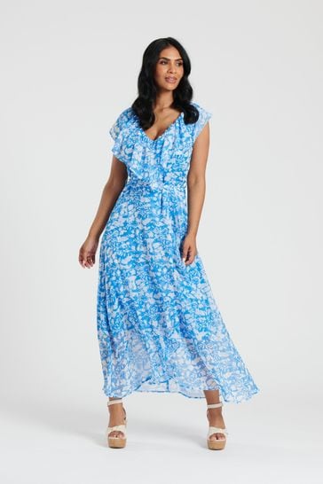 South Beach Blue Chiffon Print Frill Neck Wrap Midi Dress