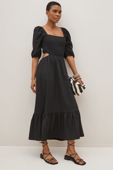 Black Textured Jersey Cut Out Midi Dress