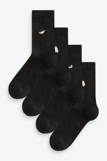 Penguin Embroidered Motif Ankle Socks 4 Pack