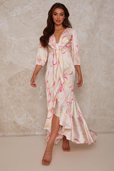 Chi Chi London White Graphic Print Plunge Front Tie Up Satin Maxi Dress
