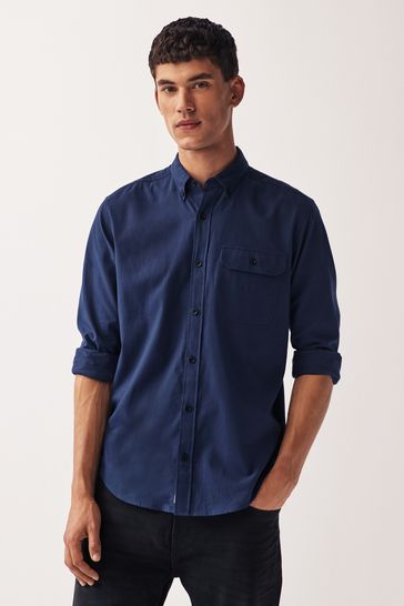 Navy Blue Textured Oxford Long Sleeve Shirt