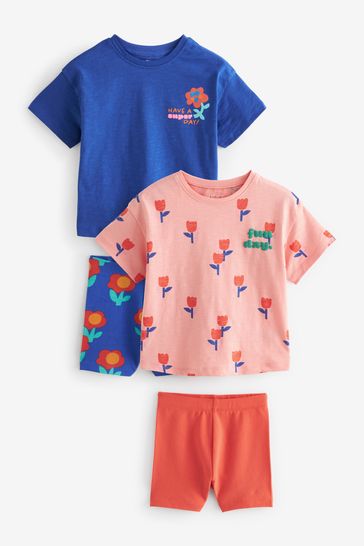Blue Pink Flower T-Shirt and Shorts 4 Piece Set (3mths-7yrs)