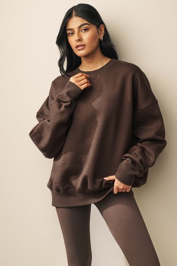 Chocolate Brown Heavyweight Brushed Longline Crew Neck Sweatshirt