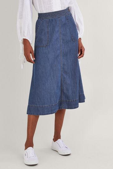 Monsoon Blue Pull-On Denim Midi Skirt in Sustainable Cotton