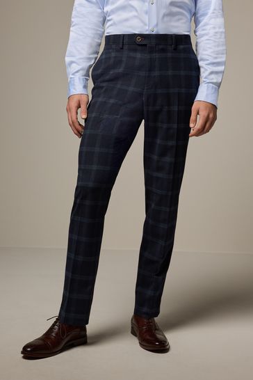 Navy Blue Tailored Fit Check Flannel Suit Trousers